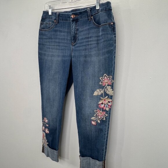 Chicos So Slimming Girlfriend Slim Leg Ankle Jeans 10R Embroidered Floral Blue - Picture 2 of 8